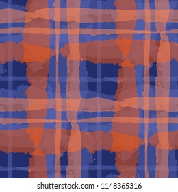 Plaid. Seamless Grunge Texture with Hand Painted Crossing Stripes for Swimwear, Fabric, Textile. Rustic Check Texture. Vector Seamless Plaid. Scottish Ornament