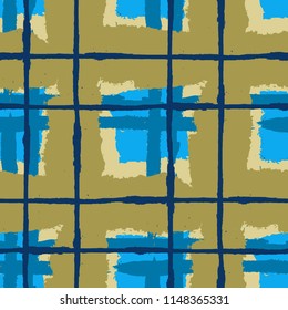 Plaid. Seamless Grunge Texture with Hand Painted Crossing Stripes for Print, Upholstery, Textile. Rustic Check Texture. Vector Seamless Kilt Texture. Scottish Ornament