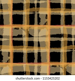Plaid. Seamless Grunge Texture with Hand Painted Crossing Brush Strokes for Wrapping Paper, Linen, Sportswear. Rustic Check Texture. Vector Seamless Tartan. Scottish Ornament