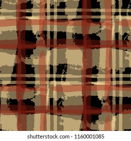 Plaid. Seamless Grunge Texture with Hand Painted Crossing Stripes for Wrapping Paper, Linen, Sportswear. Rustic Check Texture. Vector Seamless Kilt Texture. Scottish Ornament