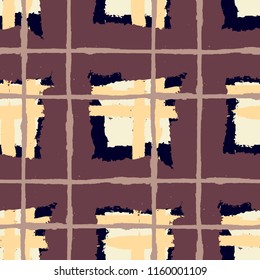 Plaid. Seamless Grunge Texture with Hand Painted Crossing Lines for Swimwear, Fabric, Textile. Rustic Check Texture. Vector Seamless Tartan.