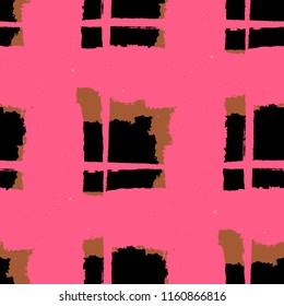 Plaid. Seamless Grunge Texture with Hand Painted Crossing Brush Strokes for Wallpaper, Linen, Sportswear. Rustic Check Texture. Vector Seamless Kilt Texture. Scottish Ornament