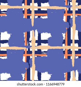 Plaid. Seamless Grunge Texture with Hand Painted Crossing Lines for Print, Upholstery, Textile. Rustic Check Texture. Vector Seamless Plaid Texture.