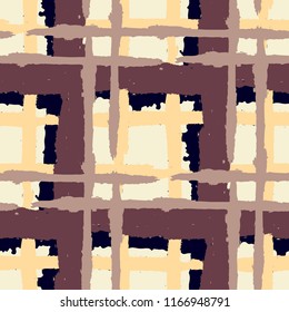 Plaid. Seamless Grunge Texture with Hand Painted Crossing Stripes for Wrapping Paper, Linen, Sportswear. Rustic Check Texture. Vector Seamless Kilt Texture.