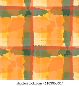 Plaid. Seamless Grunge Texture with Hand Painted Crossing Brush Strokes for Wrapping Paper, Linen, Sportswear. Rustic Check Texture. Vector Seamless Kilt Texture. Scottish Ornament