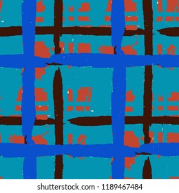 Plaid. Seamless Grunge Texture with Hand Painted Crossing Stripes for Print, Linen, Cloth. Rustic Check Texture. Vector Seamless Plaid. Scottish Ornament