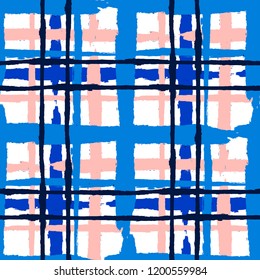 Plaid. Seamless Grunge Texture with Hand Painted Crossing Lines for Wallpaper, Linen, Sportswear. Rustic Check Texture. Vector Seamless Plaid Texture.