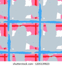 Plaid. Seamless Grunge Texture with Hand Painted Crossing Stripes for Print, Upholstery, Textile. Rustic Check Texture. Vector Seamless Tartan. Scottish Ornament