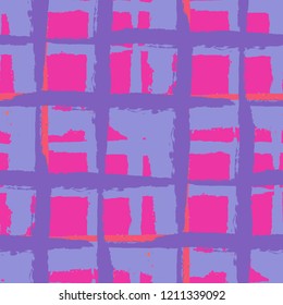 Plaid. Seamless Grunge Texture with Hand Painted Crossing Lines for Swimwear, Upholstery, Textile. Rustic Check Texture. Vector Seamless Plaid Texture.
