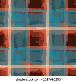 Plaid. Seamless Grunge Texture with Hand Painted Crossing Stripes for Wrapping Paper, Linen, Sportswear. Rustic Check Texture. Vector Seamless Kilt Texture.