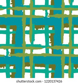Plaid. Seamless Grunge Texture with Hand Painted Crossing Brush Strokes for Wallpaper, Linen, Sportswear. Rustic Check Texture. Vector Seamless Kilt Texture. Scottish Ornament