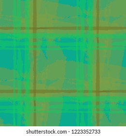 Plaid. Seamless Grunge Texture with Hand Painted Crossing Stripes for Swimwear, Fabric, Textile. Rustic Check Texture. Vector Seamless Tartan.