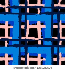 Plaid. Seamless Grunge Texture with Hand Painted Crossing Brush Strokes for Wallpaper, Linen, Sportswear. Rustic Check Texture. Vector Seamless Plaid. Scottish Ornament