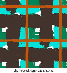 Plaid. Seamless Grunge Texture with Hand Painted Crossing Lines for Print, Linen, Cloth. Rustic Check Texture. Vector Seamless Kilt Texture.