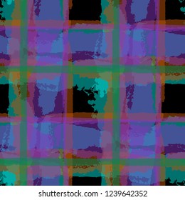 Plaid. Seamless Grunge Texture with Hand Painted Crossing Brush Strokes for Swimwear, Upholstery, Textile. Rustic Check Texture. Vector Seamless Kilt Texture.