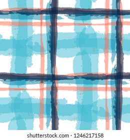 Plaid. Seamless Grunge Texture with Hand Painted Crossing Brush Strokes for Wallpaper, Linen, Sportswear. Rustic Check Texture. Vector Seamless Tartan.