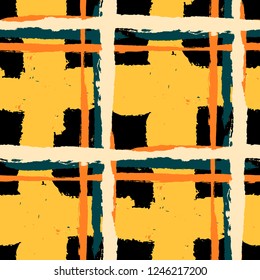 Plaid. Seamless Grunge Texture with Hand Painted Crossing Lines for Wallpaper, Linen, Sportswear. Rustic Check Texture. Vector Seamless Plaid. Scottish Ornament