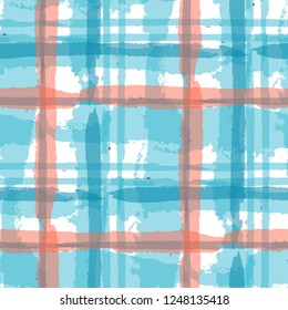 Plaid. Seamless Grunge Texture with Hand Painted Crossing Stripes for Swimwear, Upholstery, Textile. Rustic Check Texture. Vector Seamless Tartan.