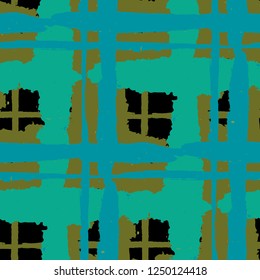 Plaid. Seamless Grunge Texture with Hand Painted Crossing Lines for Swimwear, Fabric, Textile. Rustic Check Texture. Vector Seamless Tartan. Scottish Ornament