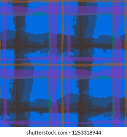 Plaid. Seamless Grunge Texture with Hand Painted Crossing Stripes for Print, Upholstery, Cloth. Rustic Check Texture. Vector Seamless Kilt Texture. Scottish Ornament