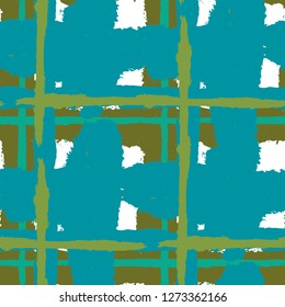 Plaid. Seamless Grunge Texture with Hand Painted Crossing Brush Strokes for Swimwear, Upholstery, Textile. Rustic Check Texture. Vector Seamless Plaid. Scottish Ornament