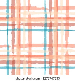 Plaid. Seamless Grunge Texture with Hand Painted Crossing Stripes for Print, Upholstery, Cloth. Rustic Check Texture. Vector Seamless Plaid Texture.