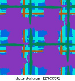 Plaid. Seamless Grunge Texture with Hand Painted Crossing Lines for Swimwear, Fabric, Textile. Rustic Check Texture. Vector Seamless Plaid Texture.