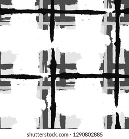 Plaid. Seamless Grunge Texture with Hand Painted Crossing Lines for Print, Linen, Cloth. Rustic Check Texture. Vector Seamless Kilt Texture. Scottish Ornament