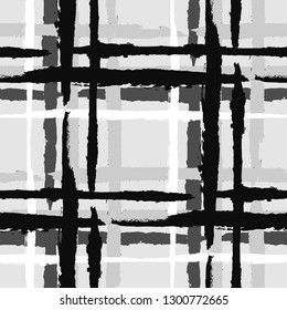 Plaid. Seamless Grunge Texture with Hand Painted Crossing Brush Strokes for Wallpaper, Linen, Sportswear. Rustic Check Texture. Vector Seamless Plaid Texture.
