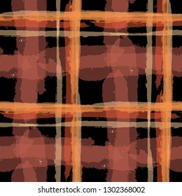 Plaid. Seamless Grunge Texture with Hand Painted Crossing Lines for Print, Upholstery, Textile. Rustic Check Texture. Vector Seamless Tartan. Scottish Ornament