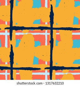 Plaid. Seamless Grunge Texture with Hand Painted Crossing Lines for Wallpaper, Linen, Cloth. Rustic Check Texture. Vector Seamless Plaid. Scottish Ornament