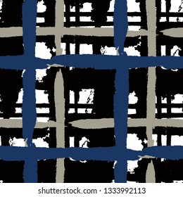 Plaid. Seamless Grunge Texture with Hand Painted Crossing Lines for Swimwear, Fabric, Textile. Rustic Check Texture. Vector Seamless Kilt Texture. Scottish Ornament