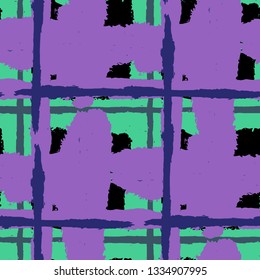 Plaid. Seamless Grunge Texture with Hand Painted Crossing Brush Strokes for Print, Upholstery, Cloth. Rustic Check Texture. Vector Seamless Plaid Texture.