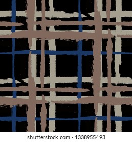 Plaid. Seamless Grunge Texture with Hand Painted Crossing Brush Strokes for Wallpaper, Linen, Sportswear. Rustic Check Texture. Vector Seamless Kilt Texture.