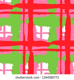 Plaid. Seamless Grunge Texture with Hand Painted Crossing Brush Strokes for Wallpaper, Linen, Cloth. Rustic Check Texture. Vector Seamless Kilt Texture. Scottish Ornament