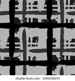 Plaid. Seamless Grunge Texture with Hand Painted Crossing Brush Strokes for Swimwear, Fabric, Textile. Rustic Check Texture. Vector Seamless Tartan. Scottish Ornament