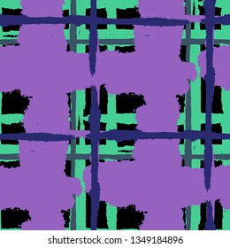 Plaid. Seamless Grunge Texture with Hand Painted Crossing Brush Strokes for Print, Upholstery, Textile. Rustic Check Texture. Vector Seamless Kilt Texture. Scottish Ornament
