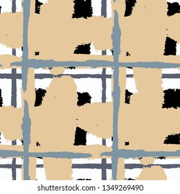 Plaid. Seamless Grunge Texture with Hand Painted Crossing Brush Strokes for Wallpaper, Linen, Cloth. Rustic Check Texture. Vector Seamless Tartan. Scottish Ornament