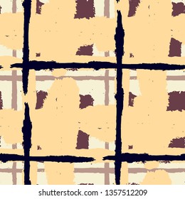 Plaid. Seamless Grunge Texture with Hand Painted Crossing Lines for Swimwear, Upholstery, Textile. Rustic Check Texture. Vector Seamless Tartan. Scottish Ornament