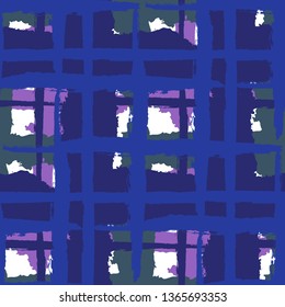 Plaid. Seamless Grunge Texture with Hand Painted Crossing Lines for Swimwear, Fabric, Textile. Rustic Check Texture. Vector Seamless Tartan. Scottish Ornament