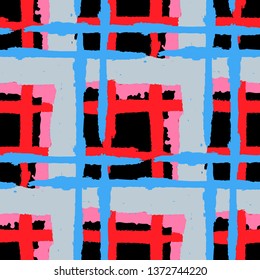 Plaid. Seamless Grunge Texture with Hand Painted Crossing Brush Strokes for Print, Upholstery, Textile. Rustic Check Texture. Vector Seamless Kilt Texture. Scottish Ornament