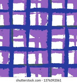 Plaid. Seamless Grunge Texture with Hand Painted Crossing Brush Strokes for Swimwear, Fabric, Textile. Rustic Check Texture. Vector Seamless Kilt Texture. Scottish Ornament