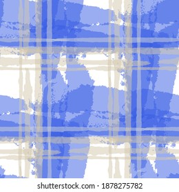 Plaid. Seamless Grunge Texture with Hand Painted Crossing Brush Strokes for Print, Linen, Cloth. Rustic Check Texture. Vector Seamless Kilt Texture.