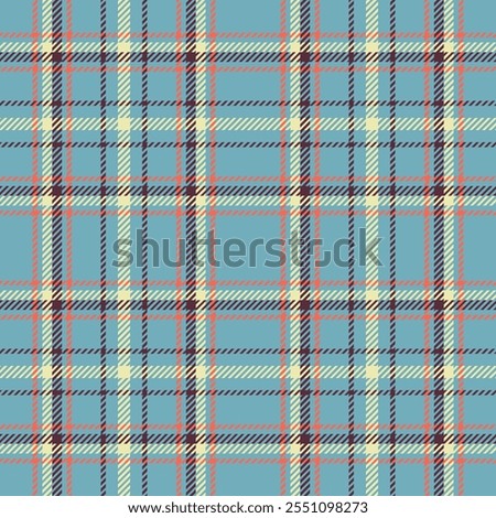 Plaid seamless in orange, yellow and cherry on blue background. Tartan check pattern for fashion graphics (all-over prints), home décor (wallpaper, tablecloths, bedclothes), wrapping paper, covering