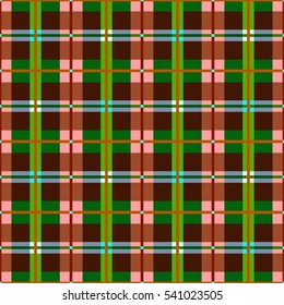 Plaid, seamless pattern, brown, green, vector. Brown and green squares and rectangles and thin lines on a pink field. Colorful, geometric background.  