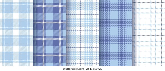 Plaid seamless pattern. Check background. Tartan shirt cloth. Set gingham fabric print. Flannel blue violet textures. Lumberjack tablecloth. Geometric backdrops. Abstract textile. Vector illustration