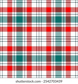 Padrão sem costura xadrez. Verifique a cor vermelha verde. Repetindo o design de verificações tartan. Flanela escocesa repetida. Estampas de tecido de Madras. Reticulado de lã geométrica. Repita os chapas de tecelagem ekose. Ilustração vetorial