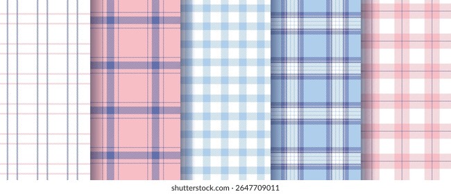Plaid seamless pattern. Checkered background. Tartan blue pink textures. Flannel shirt textile. Set gingham fabrics. Lumberjack tablecloth. Vichy print. Buffalo checkered backdrop. Vector illustration