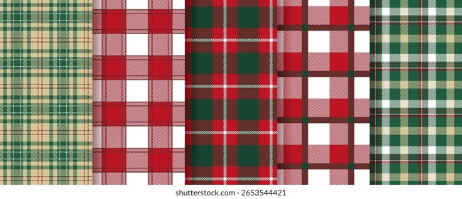 Padrão sem costura xadrez. Fundo de Natal. Marque as impressões verdes em vermelho. Tecido de camisa de Tartan. Textura de flanela. Toalha de mesa Lumberjack. Têxteis de tecido xadrez. Fundo abstrato. Ilustração vetorial