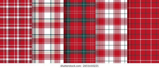 Plaid seamless pattern. Christmas checkered background. Set gingham prints. Tartan red green texture. Flannel shirt textile. Lumberjack fabrics. Buffalo tablecloth. Vichy backdrop. Vector illustration